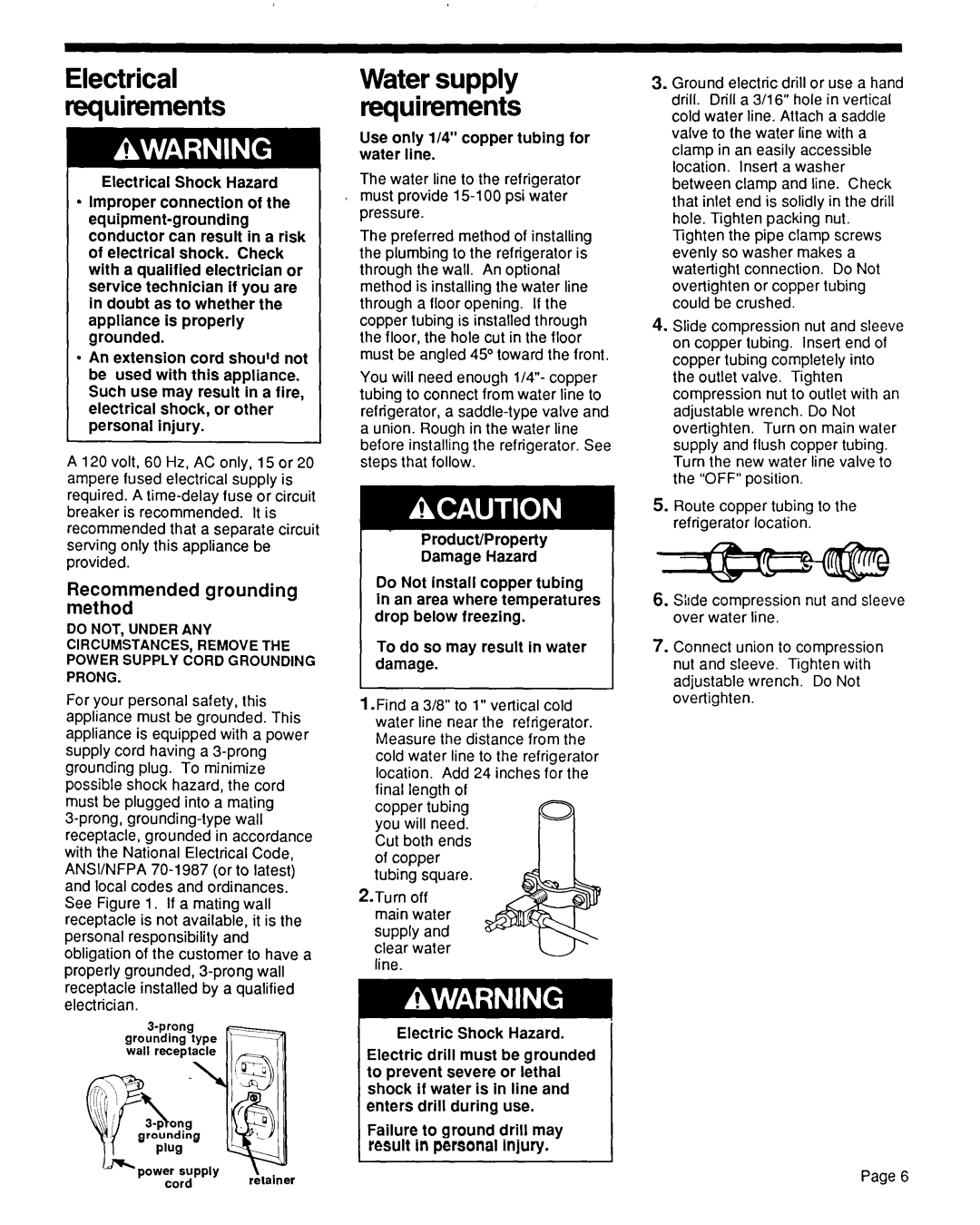 KitchenAid KSRF36DT Recommended grounding met hod, Result in personal injury, Use only l/4 copper tubing for water line 