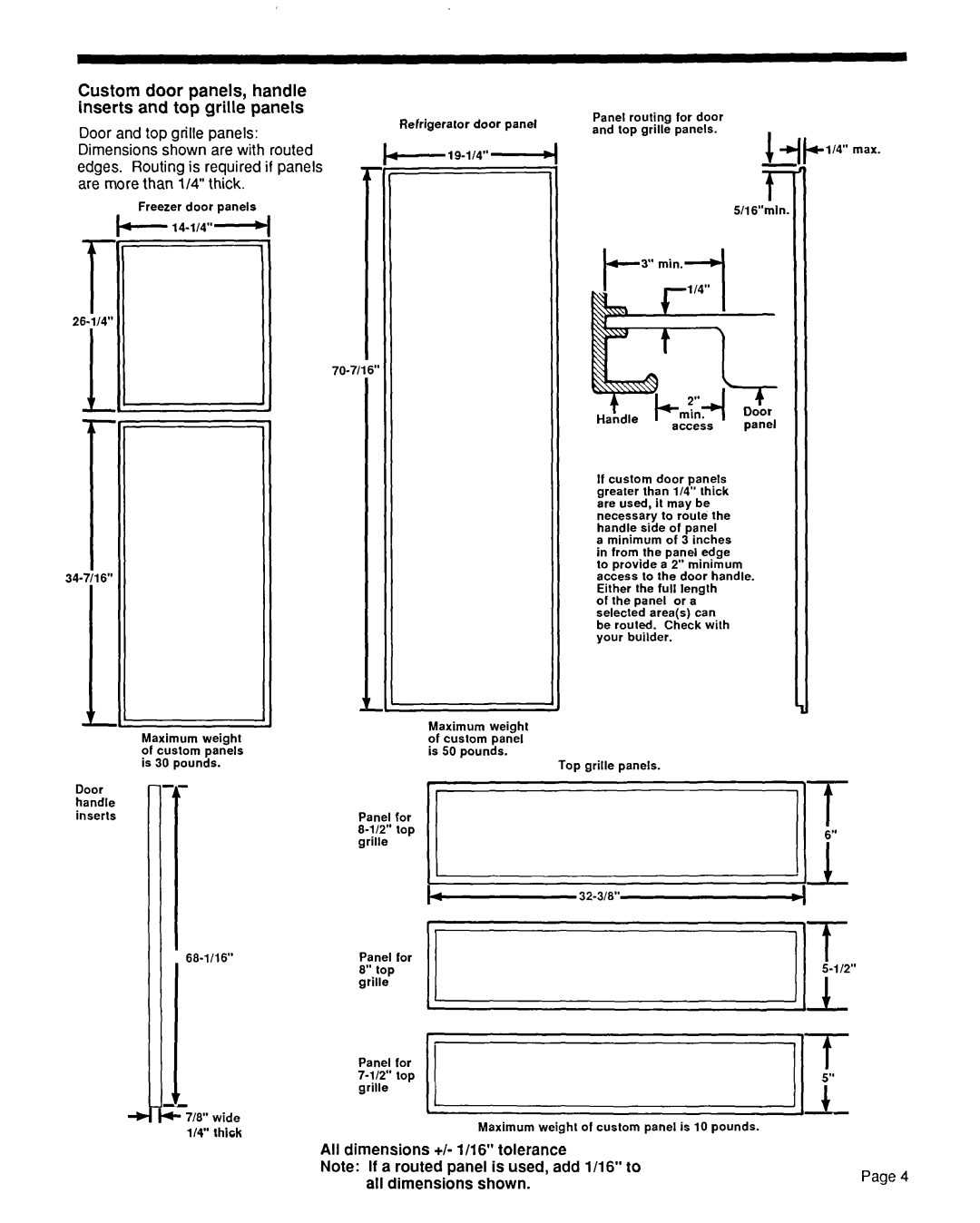 KitchenAid KSRF36DT manual door, panels, handle, inserts and top grille panels, Custom, All dimensions +I- l/16” tolerance 