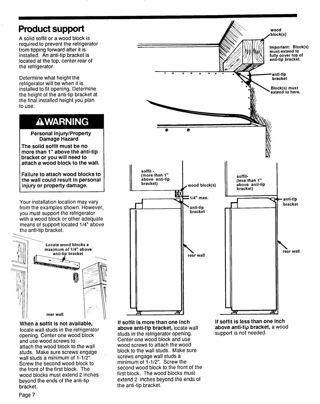 KitchenAid KSRF36DT manual Product support, Personal Injury/Property Damage Hazard, When a soffit is not available 