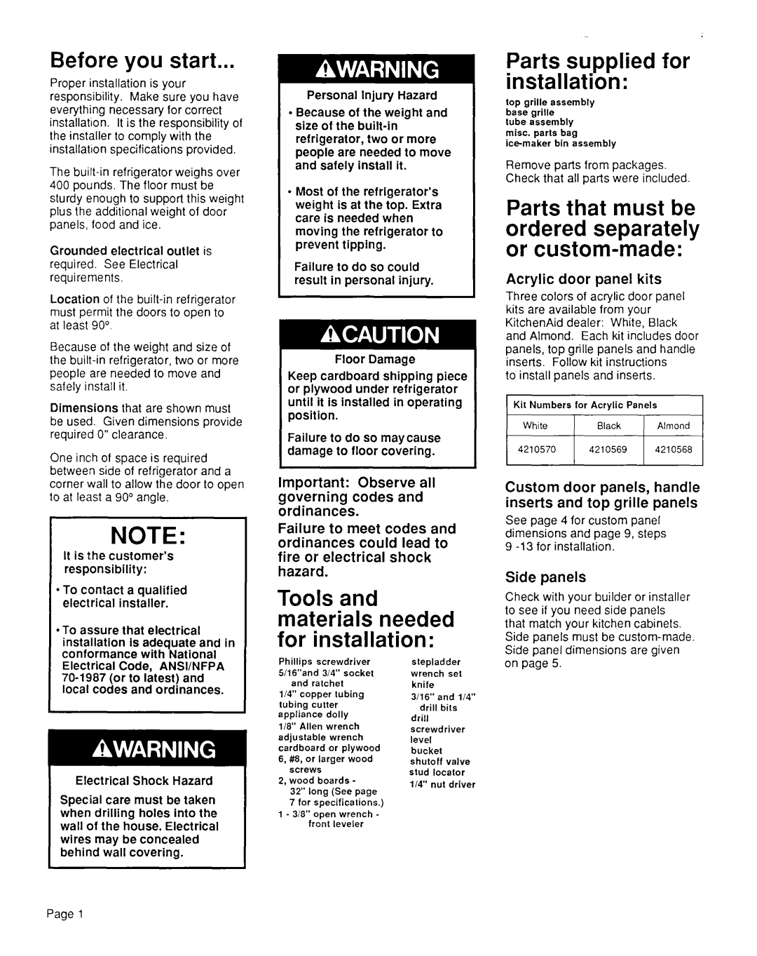 KitchenAid KSRF42DT installation instructions Before you start, Parts suwlied for installatro’n 