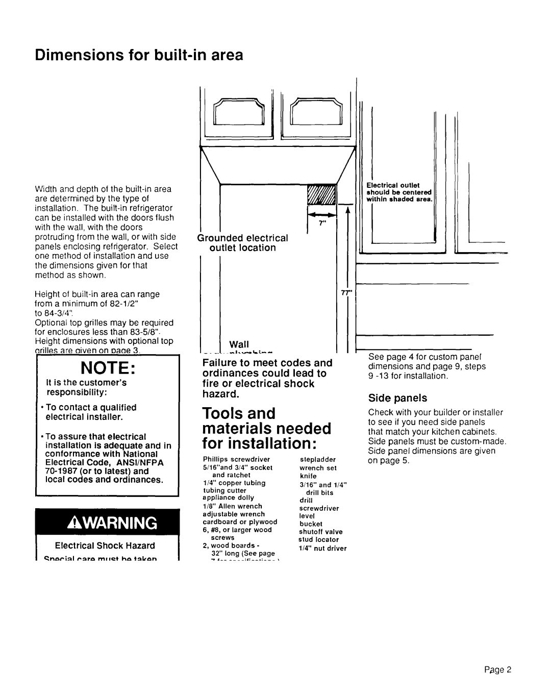 KitchenAid KSRF42DT installation instructions Dimensions for built-in area, +/- l/8 tolerance 