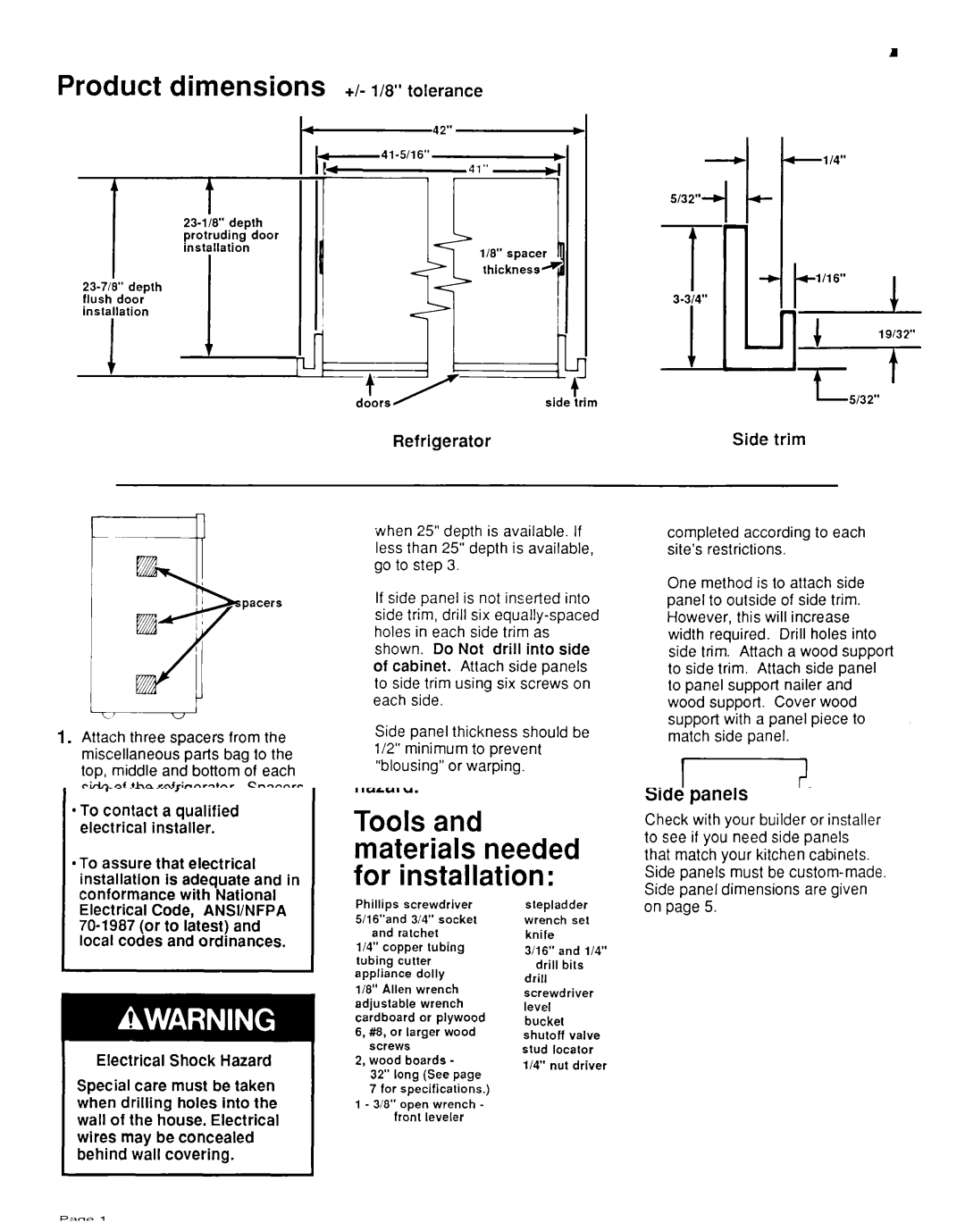 KitchenAid KSRF42DT installation instructions Product dimensions +I- WY tolerance, Refrigerator, Side trim 