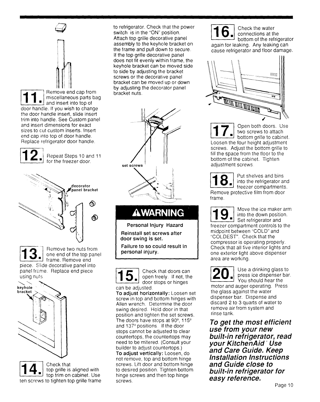 KitchenAid KSRF42DT installation instructions Ipij, Personal Injury Hazard Reinstall set screws after door swing is set 