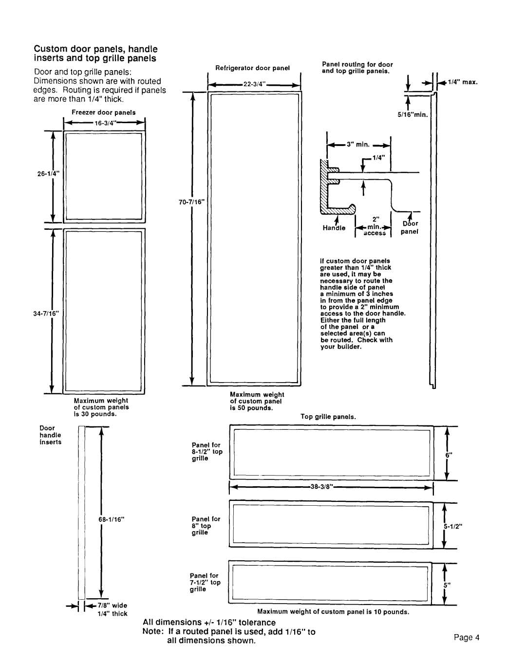 KitchenAid KSRF42DT All dimensions +/- 1116” tolerance, Note If a routed panel is used, add l/16” to, all dimensions shown 