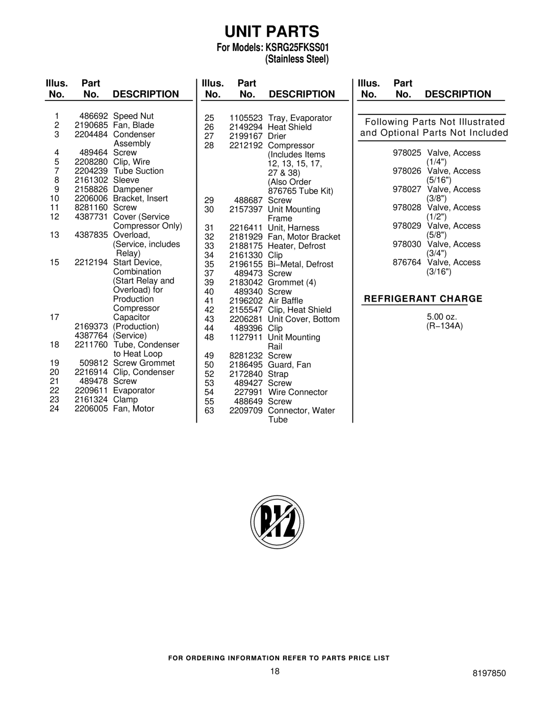 KitchenAid KSRG25FKSS01 manual Unit Parts 