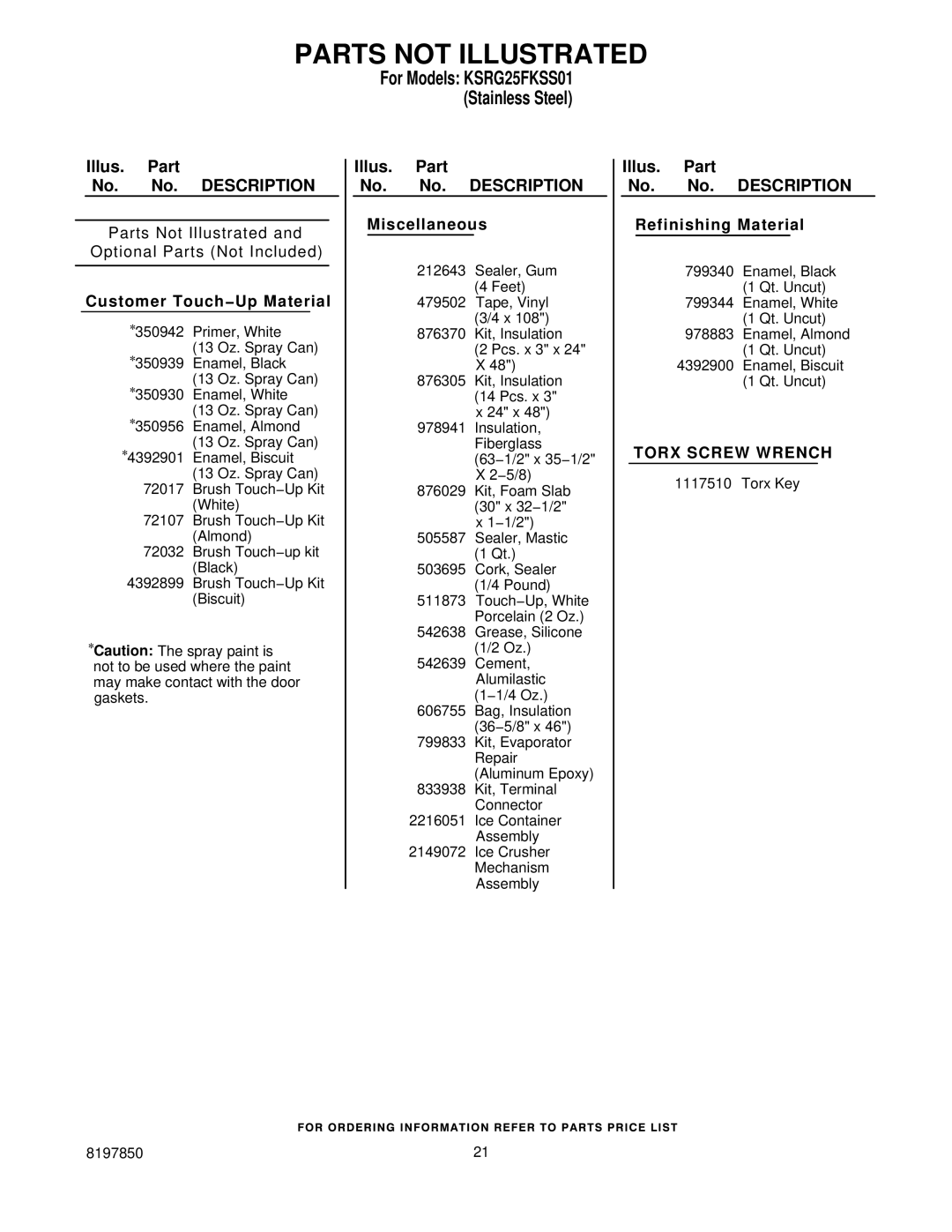 KitchenAid KSRG25FKSS01 manual Parts not Illustrated, Customer Touch−Up Material 