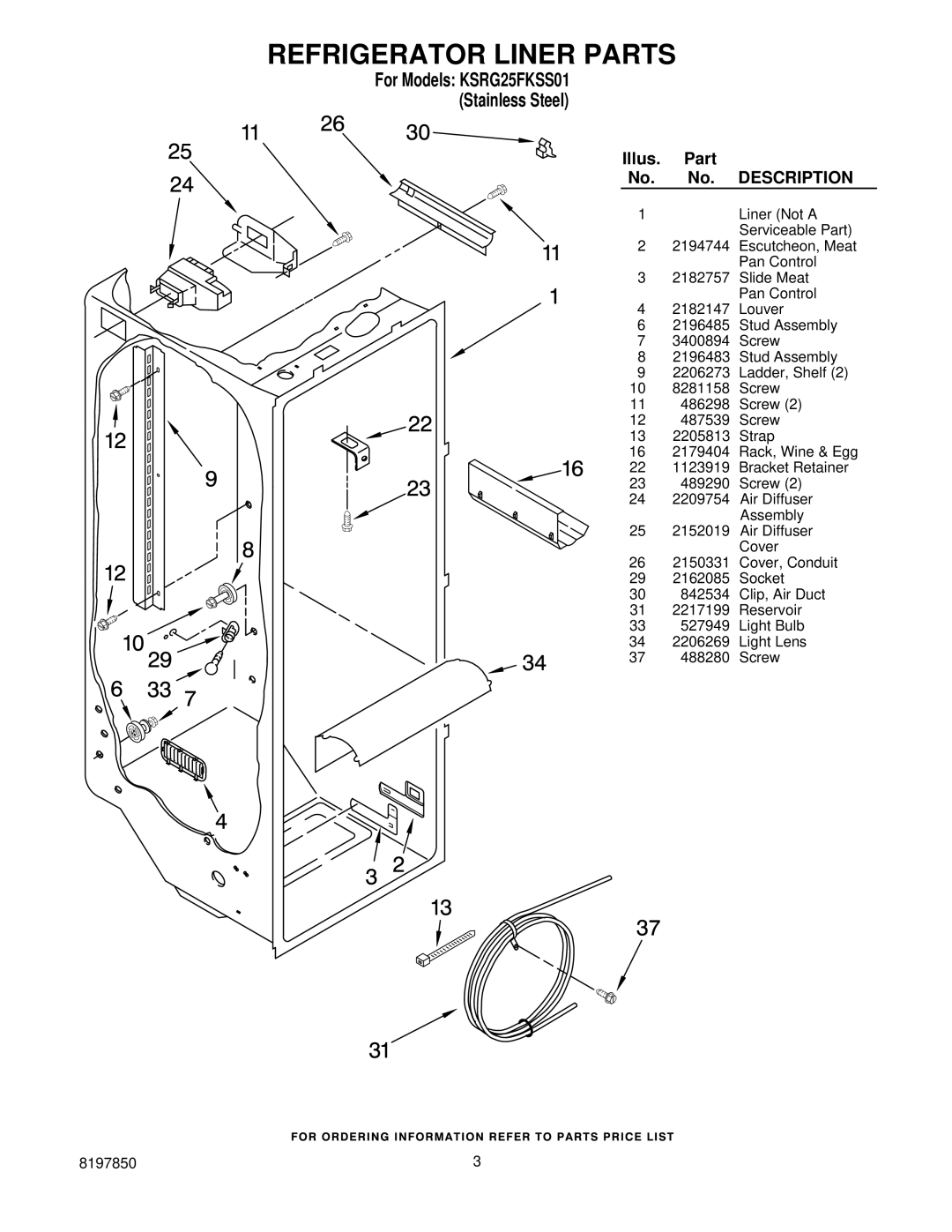 KitchenAid manual Refrigerator Liner Parts, For Models KSRG25FKSS01 Stainless Steel 