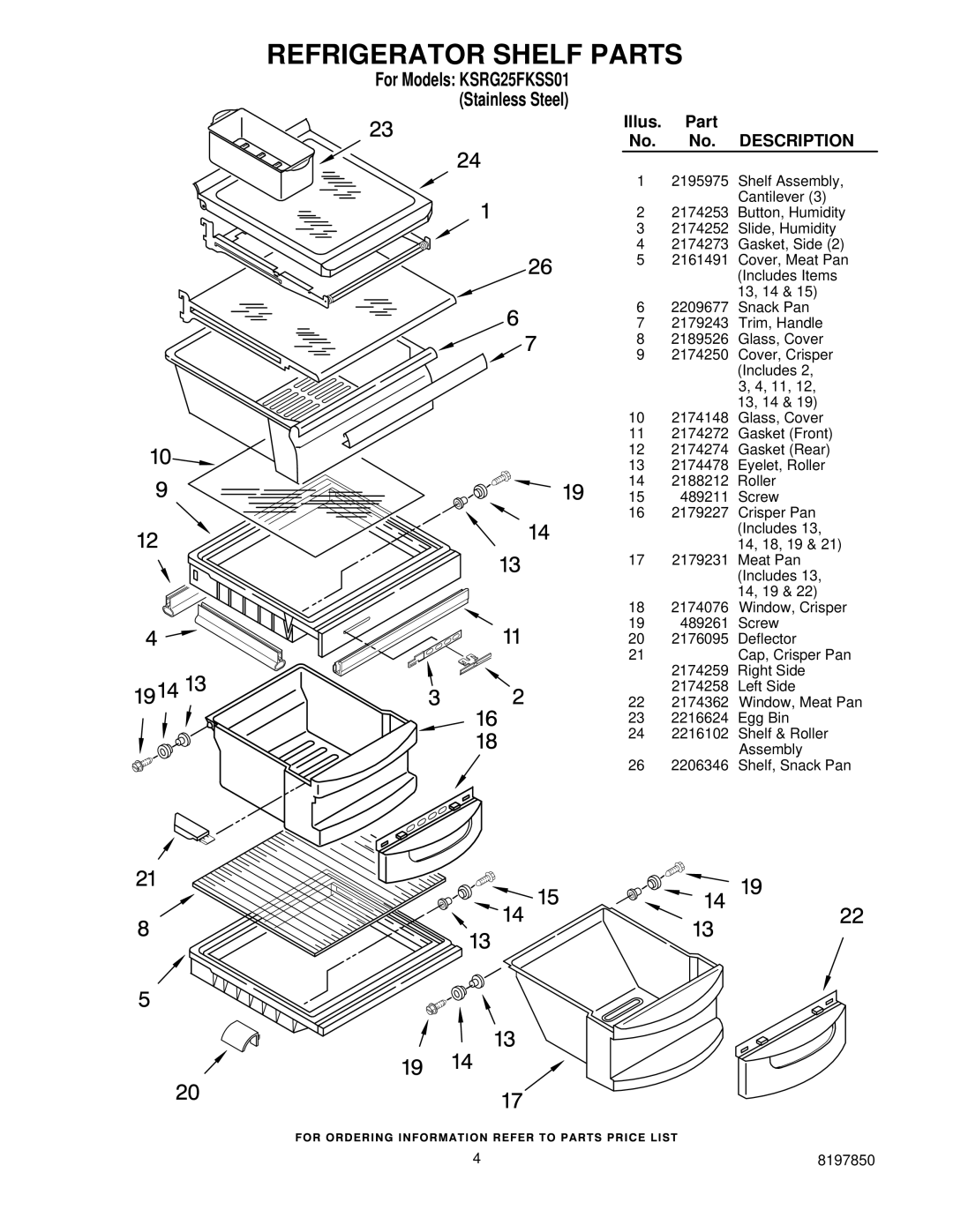 KitchenAid KSRG25FKSS01 manual Refrigerator Shelf Parts 