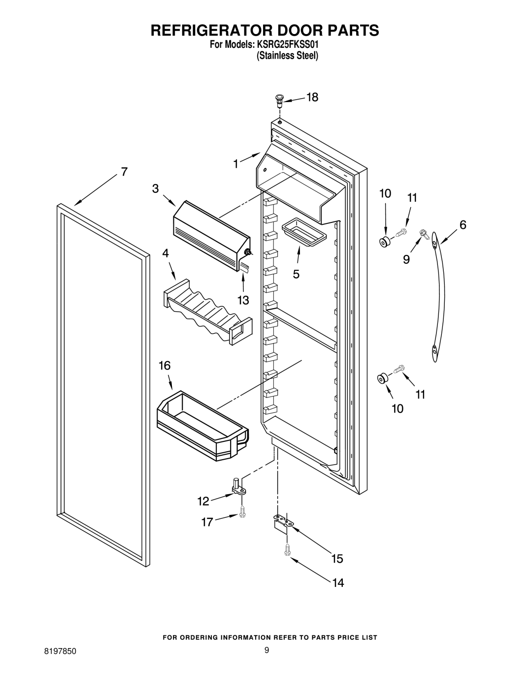 KitchenAid KSRG25FKSS01 manual Refrigerator Door Parts 