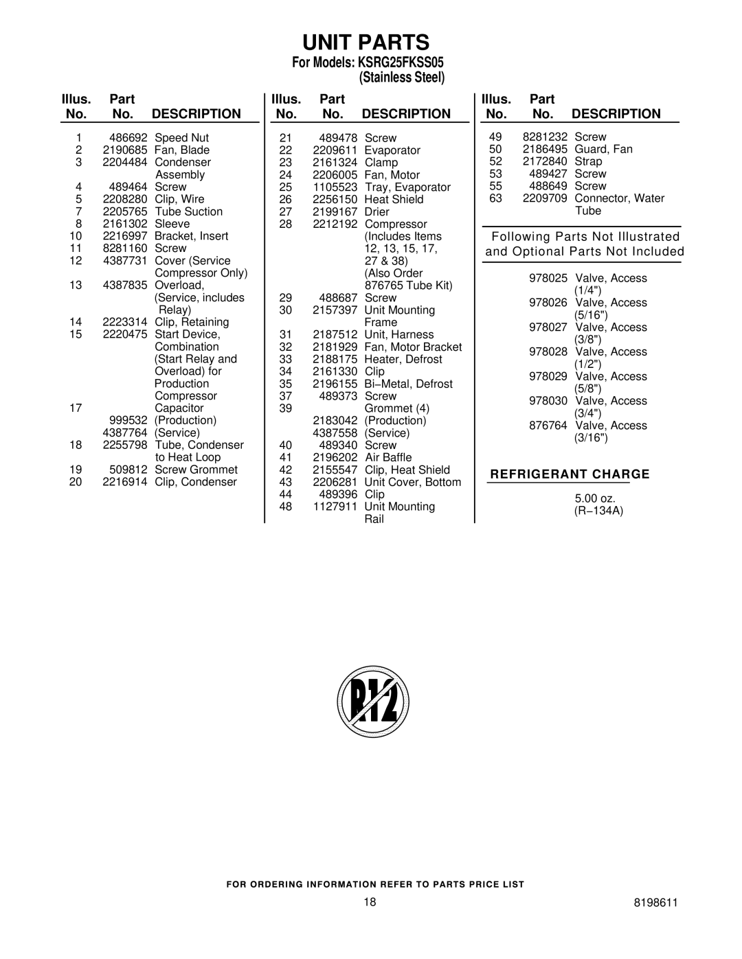 KitchenAid ksrg25fkss05 manual Unit Parts 