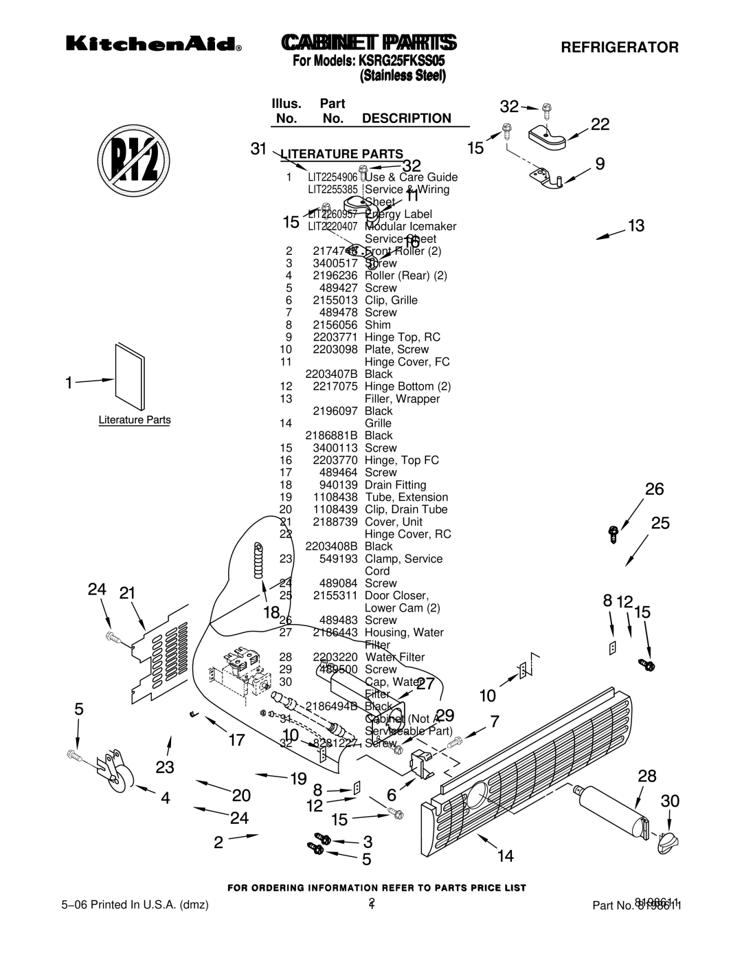 KitchenAid ksrg25fkss05 manual Cabinet Parts 