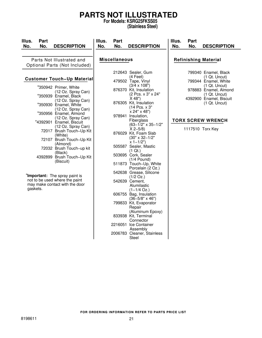 KitchenAid ksrg25fkss05 manual Parts not Illustrated, Customer Touch−Up Material 