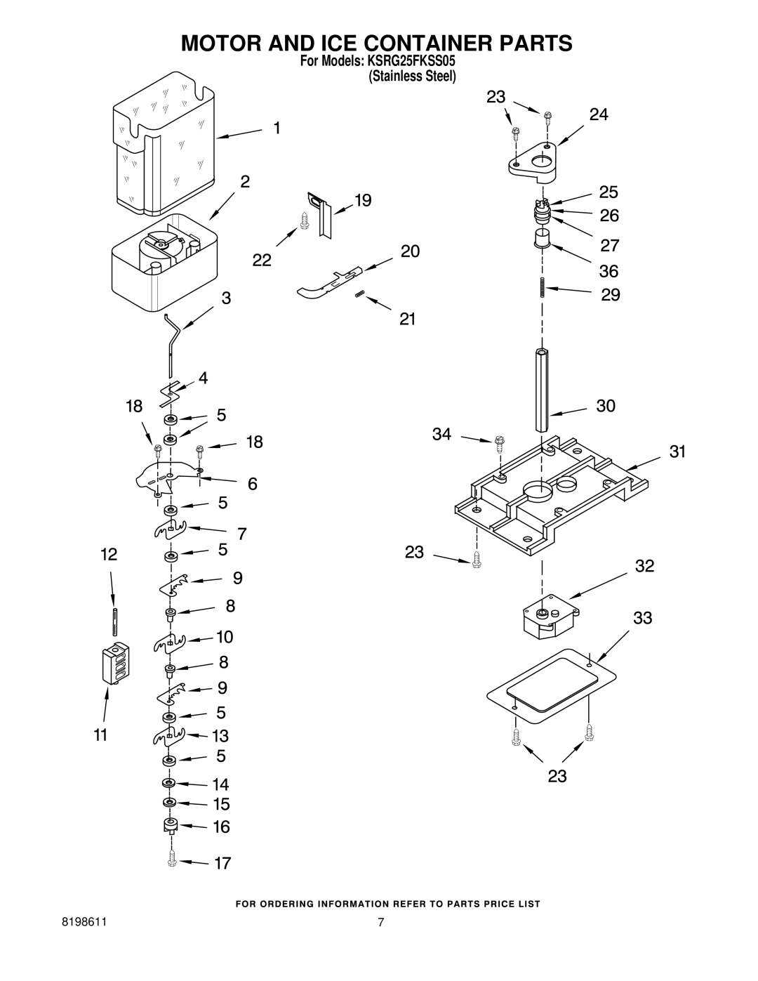 KitchenAid ksrg25fkss05 manual Motor and ICE Container Parts 