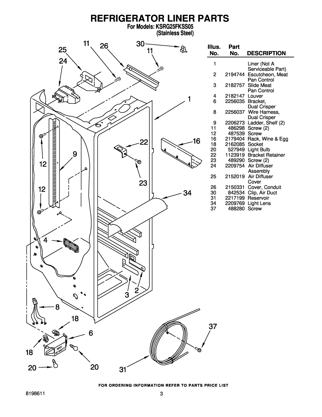 KitchenAid ksrg25fkss05 manual Refrigerator Liner Parts, For Models KSRG25FKSS05 Stainless Steel, Illus, Description 