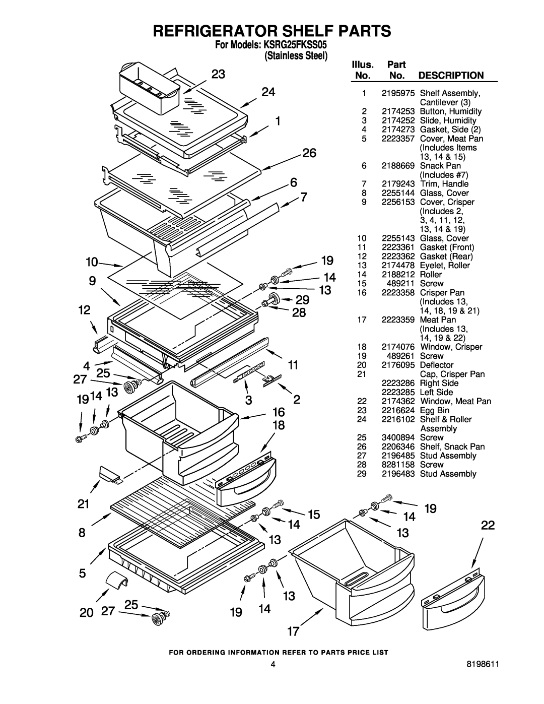 KitchenAid ksrg25fkss05 manual Refrigerator Shelf Parts, For Models KSRG25FKSS05 Stainless Steel, Illus, Description 