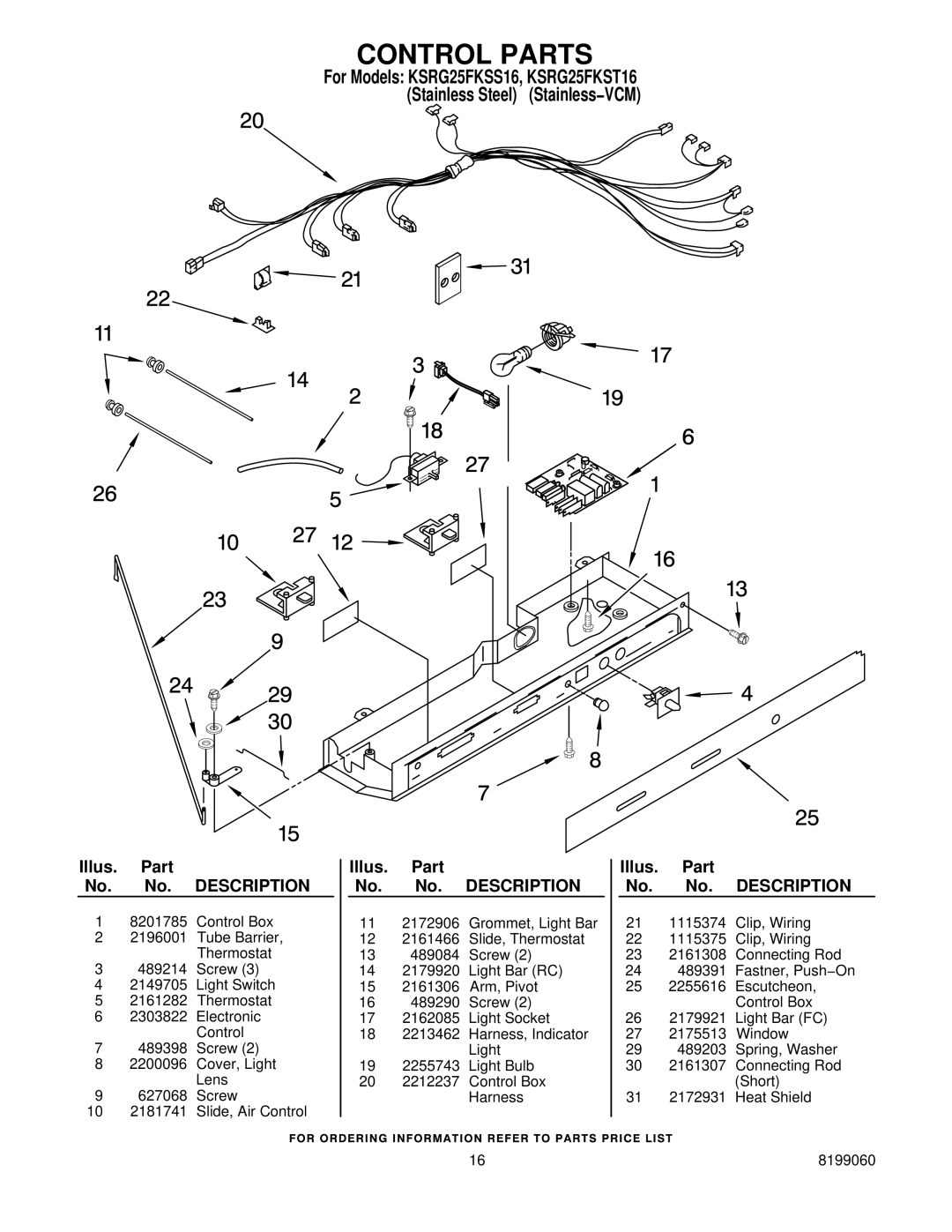 KitchenAid KSRG25FKSS16, KSRG25FKST16 manual Control Parts 