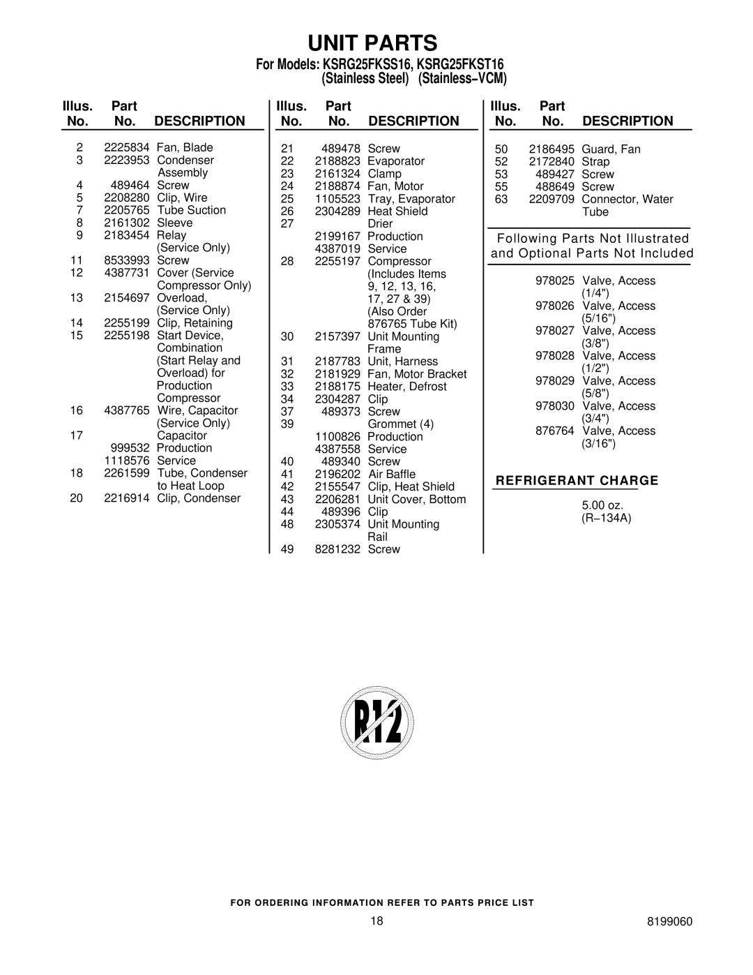 KitchenAid KSRG25FKSS16, KSRG25FKST16 manual Refrigerant Charge 