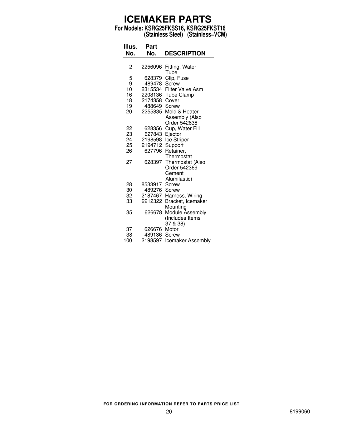 KitchenAid KSRG25FKSS16, KSRG25FKST16 manual Icemaker Parts 