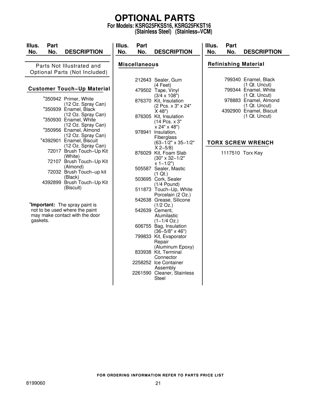 KitchenAid KSRG25FKST16, KSRG25FKSS16 manual Optional Parts 