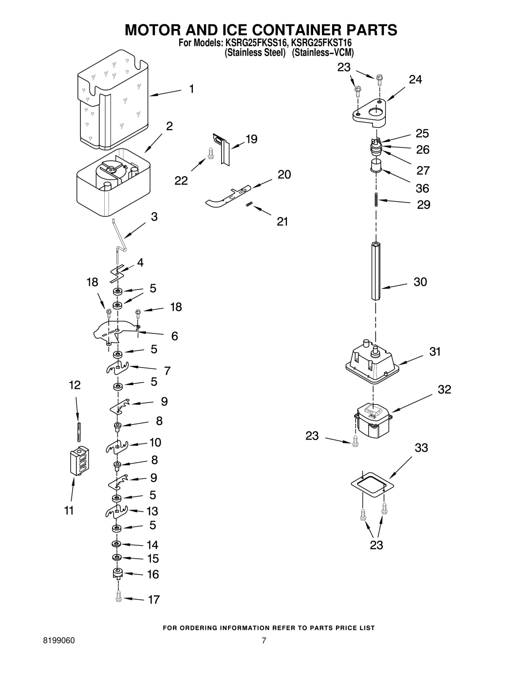 KitchenAid KSRG25FKST16, KSRG25FKSS16 manual Motor and ICE Container Parts 