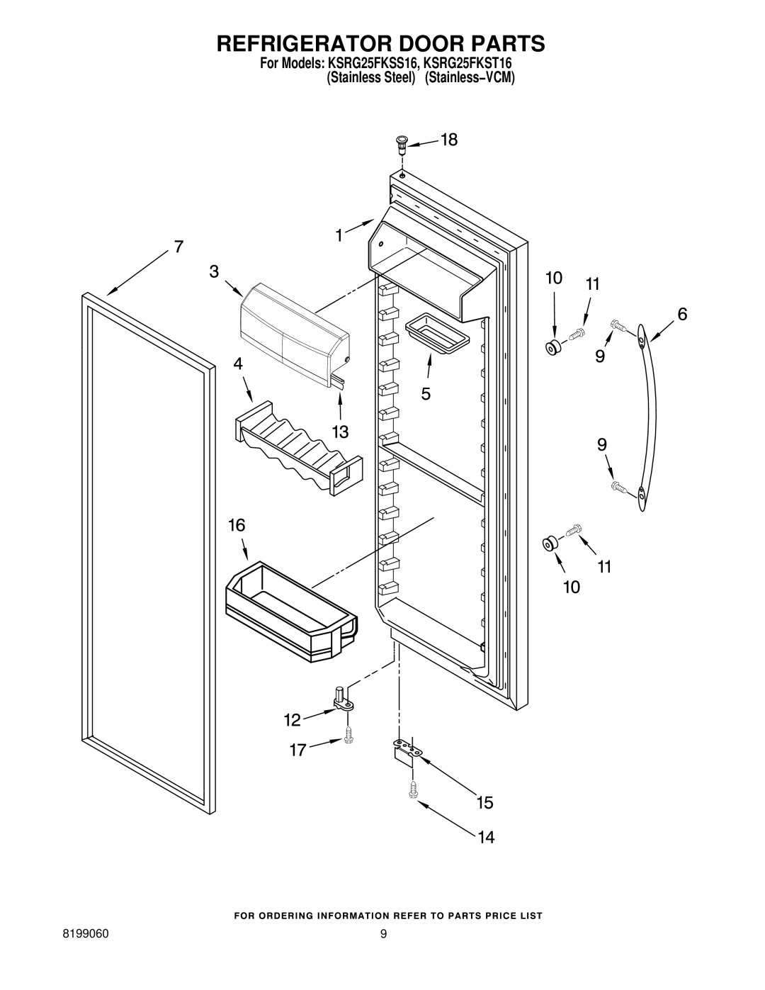 KitchenAid KSRG25FKST16, KSRG25FKSS16 manual Refrigerator Door Parts 