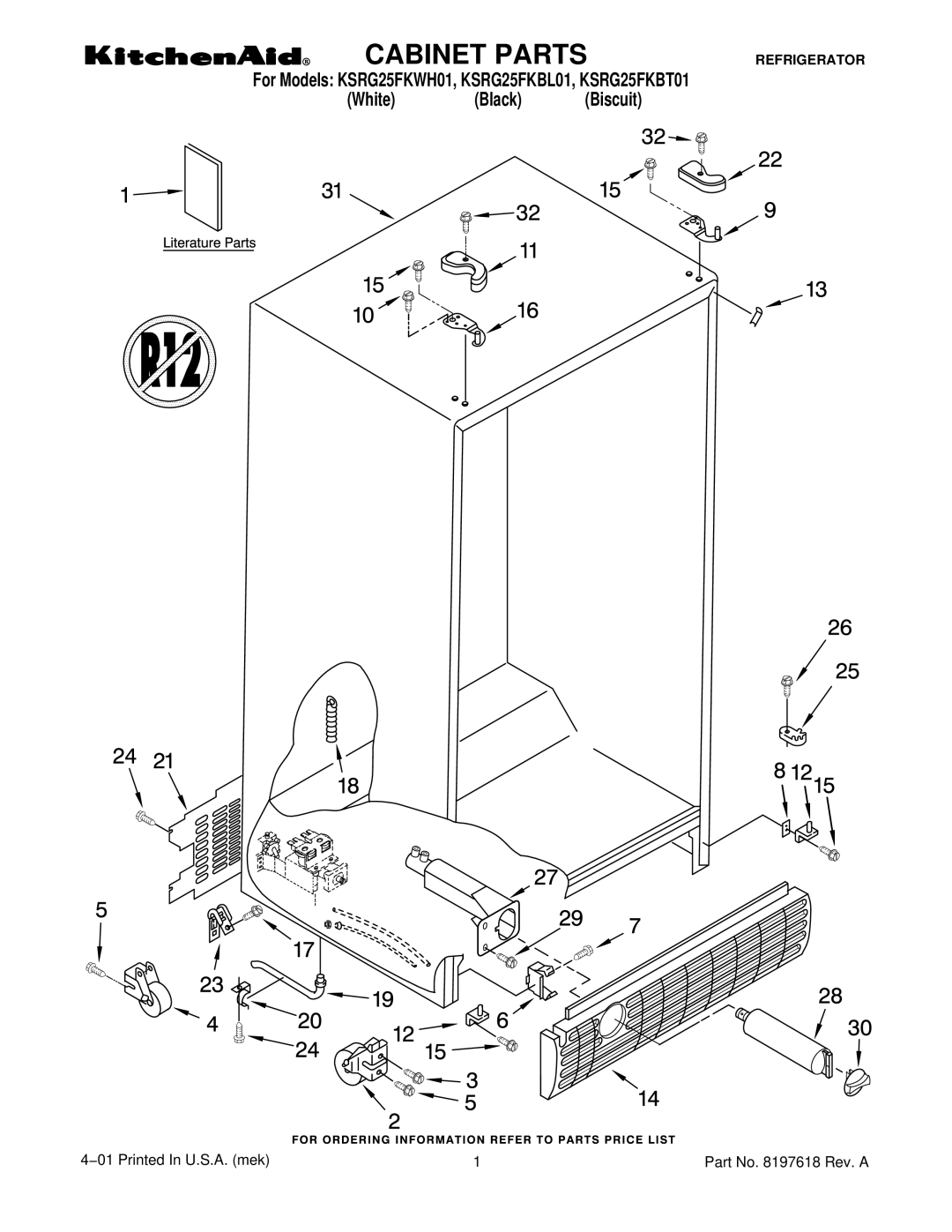 KitchenAid KSRG25FKBL01, KSRG25FKWH01, KSRG25FKBT01 manual Cabinet Parts 