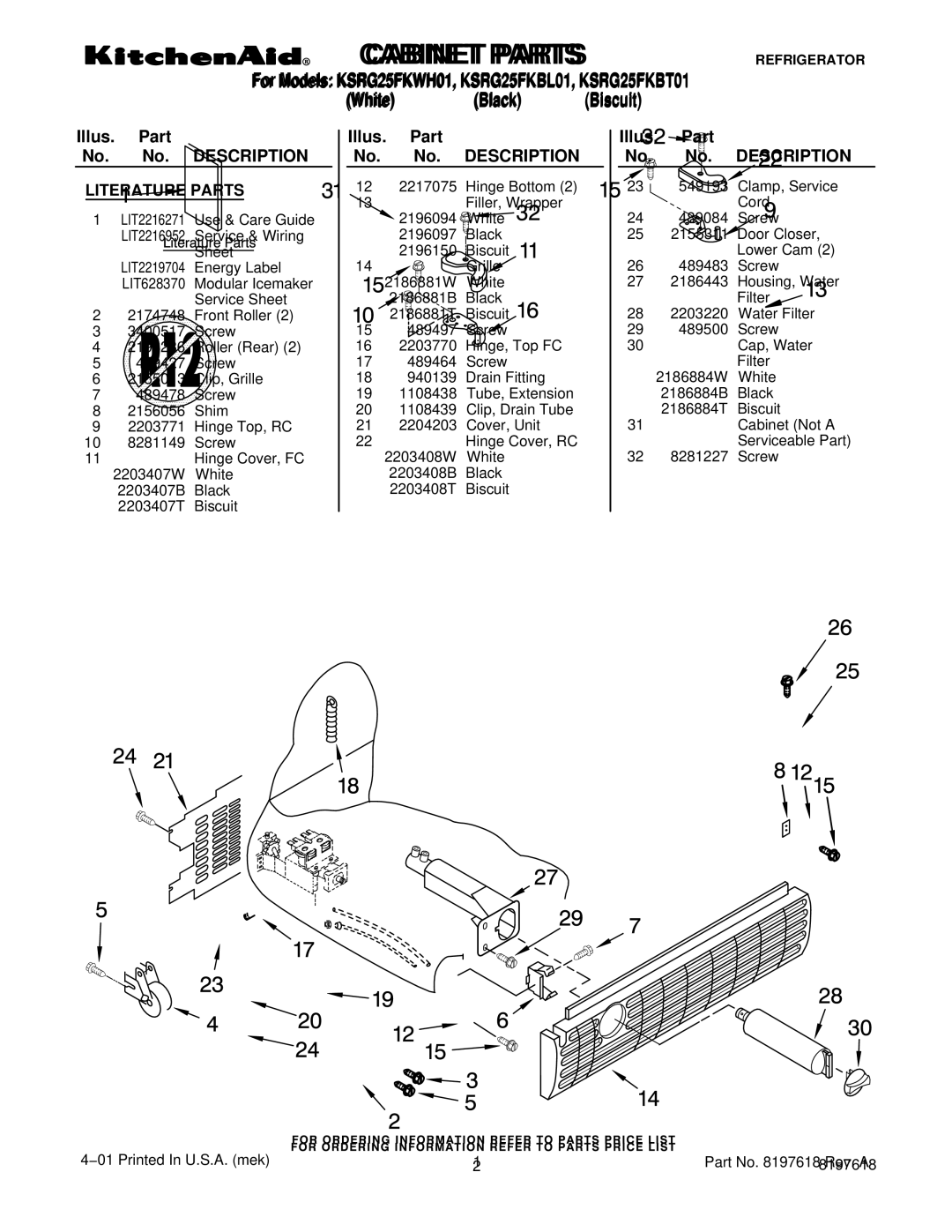 KitchenAid KSRG25FKBT01, KSRG25FKWH01, KSRG25FKBL01 manual Literature Parts 