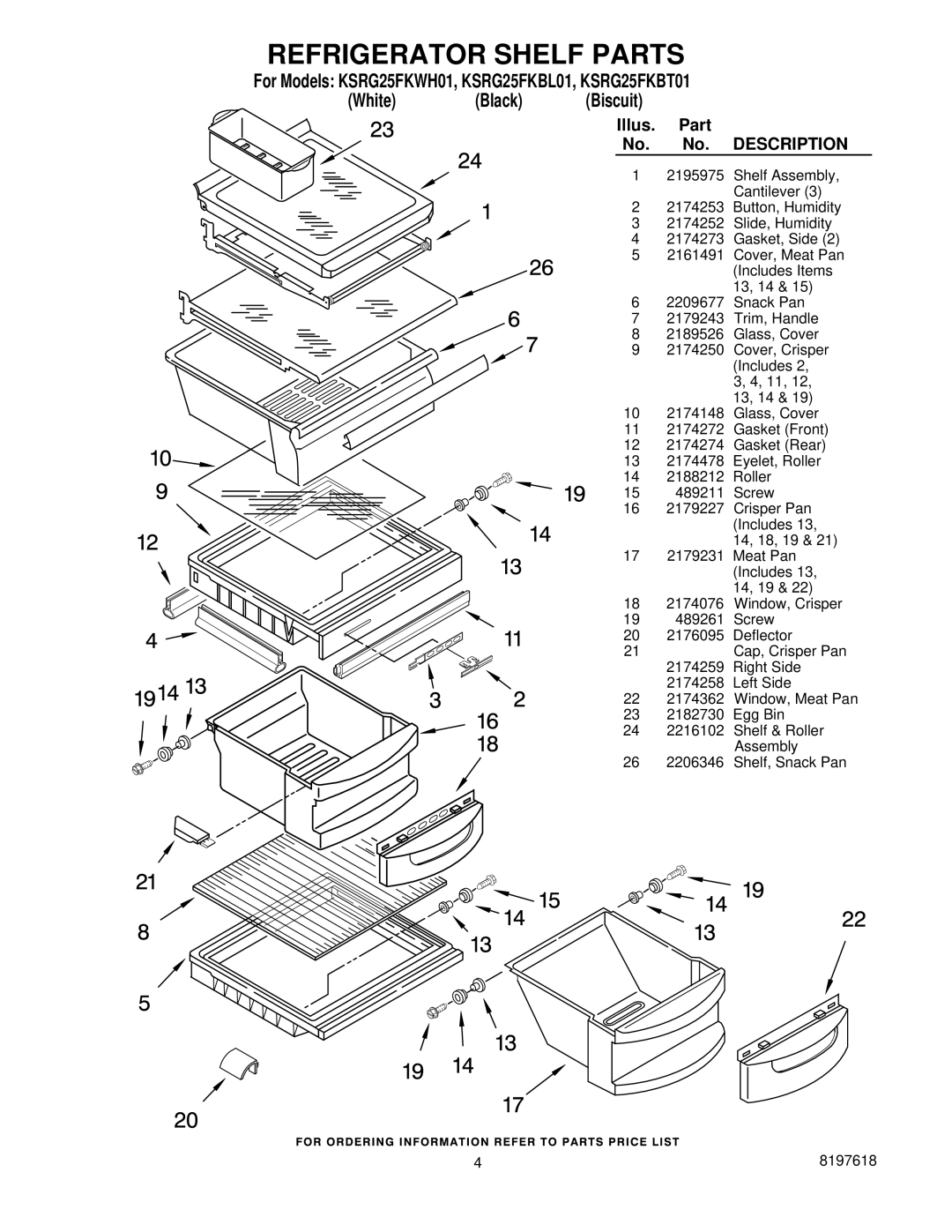 KitchenAid KSRG25FKBL01, KSRG25FKWH01, KSRG25FKBT01 manual Refrigerator Shelf Parts 