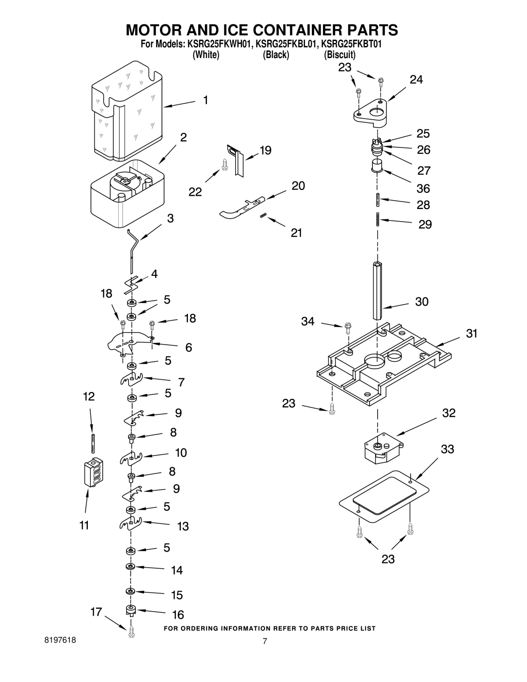 KitchenAid KSRG25FKBL01, KSRG25FKWH01, KSRG25FKBT01 manual Motor and ICE Container Parts 