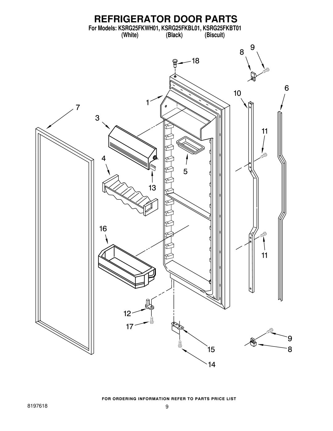 KitchenAid KSRG25FKWH01, KSRG25FKBL01, KSRG25FKBT01 manual Refrigerator Door Parts 