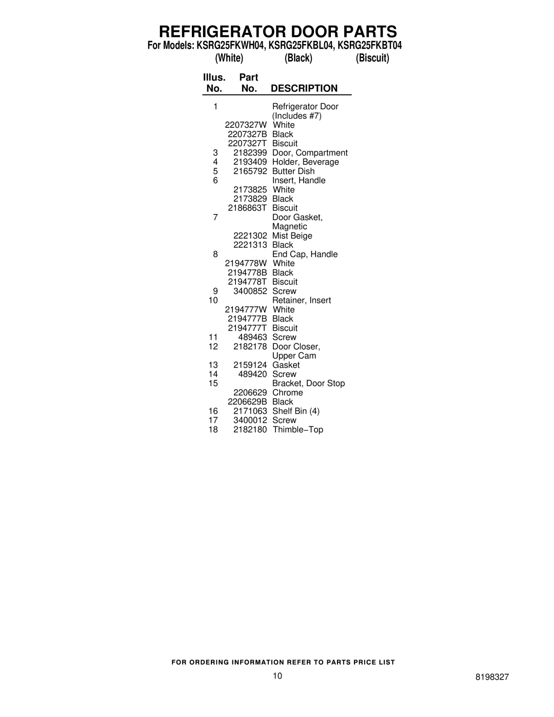 KitchenAid KSRG25FKWH04, KSRG25FKBT04 manual Refrigerator Door Includes #7 2207327W White 