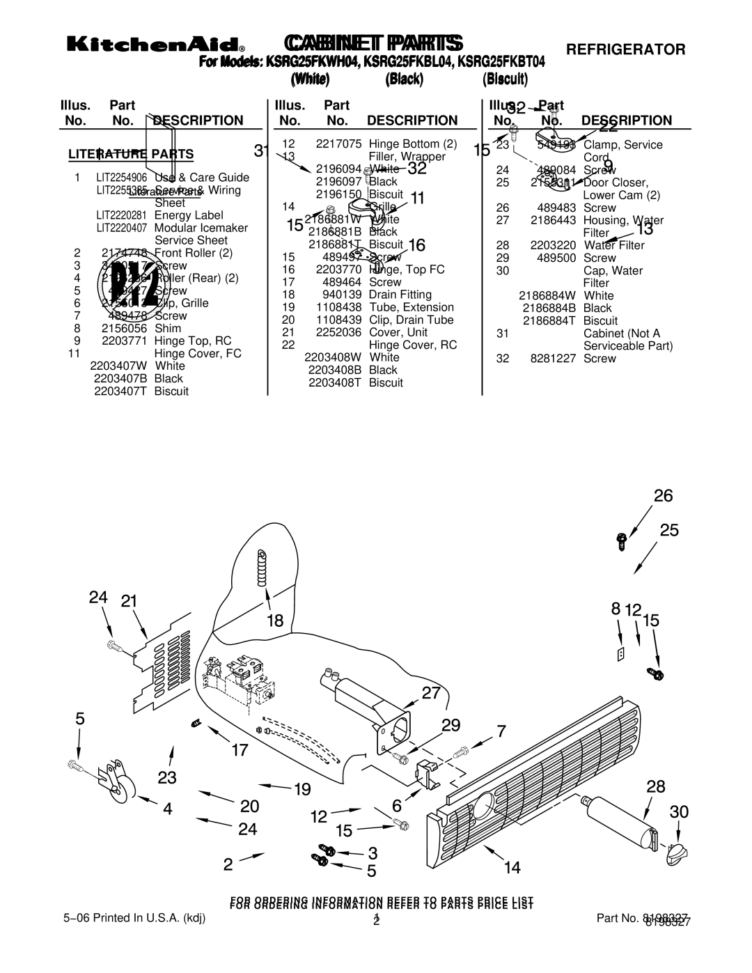 KitchenAid KSRG25FKWH04, KSRG25FKBT04 manual Cabinet Parts, Literature Parts 