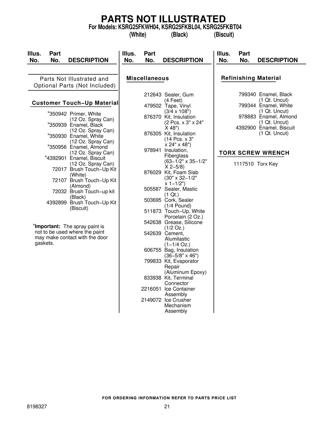 KitchenAid KSRG25FKBT04, KSRG25FKWH04 manual Parts not Illustrated, Customer Touch−Up Material 