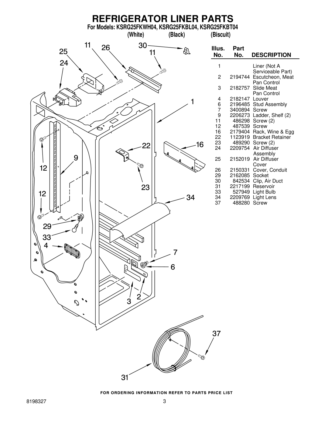 KitchenAid KSRG25FKBT04, KSRG25FKWH04 manual Refrigerator Liner Parts, Description 