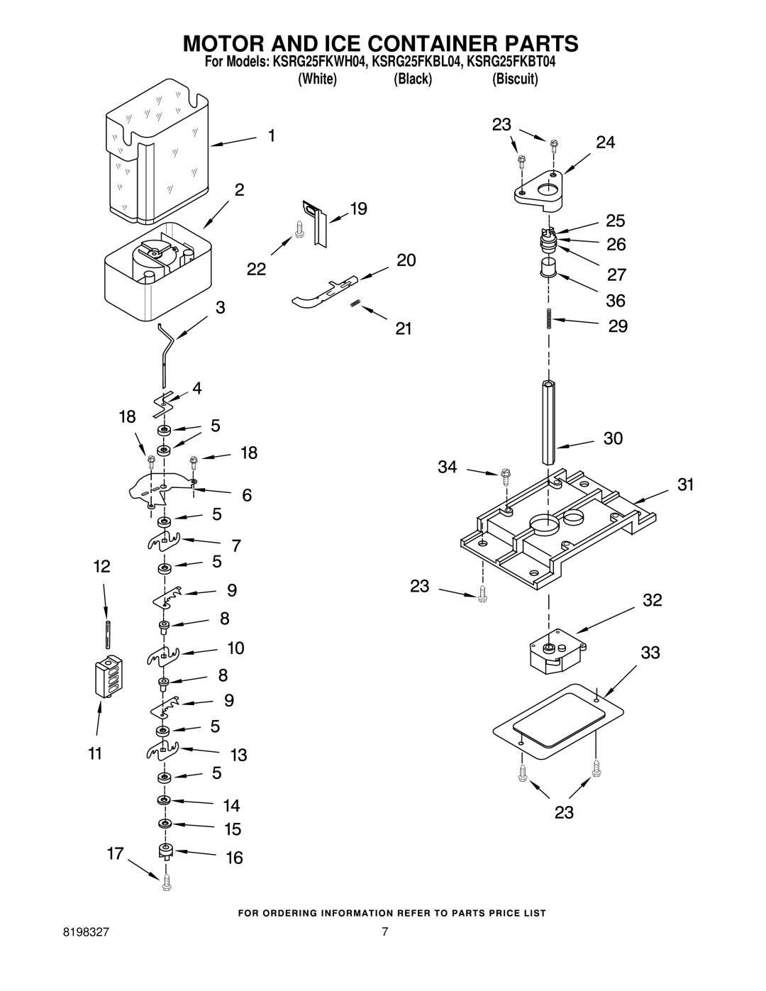 KitchenAid KSRG25FKBT04, KSRG25FKWH04 manual Motor and ICE Container Parts 