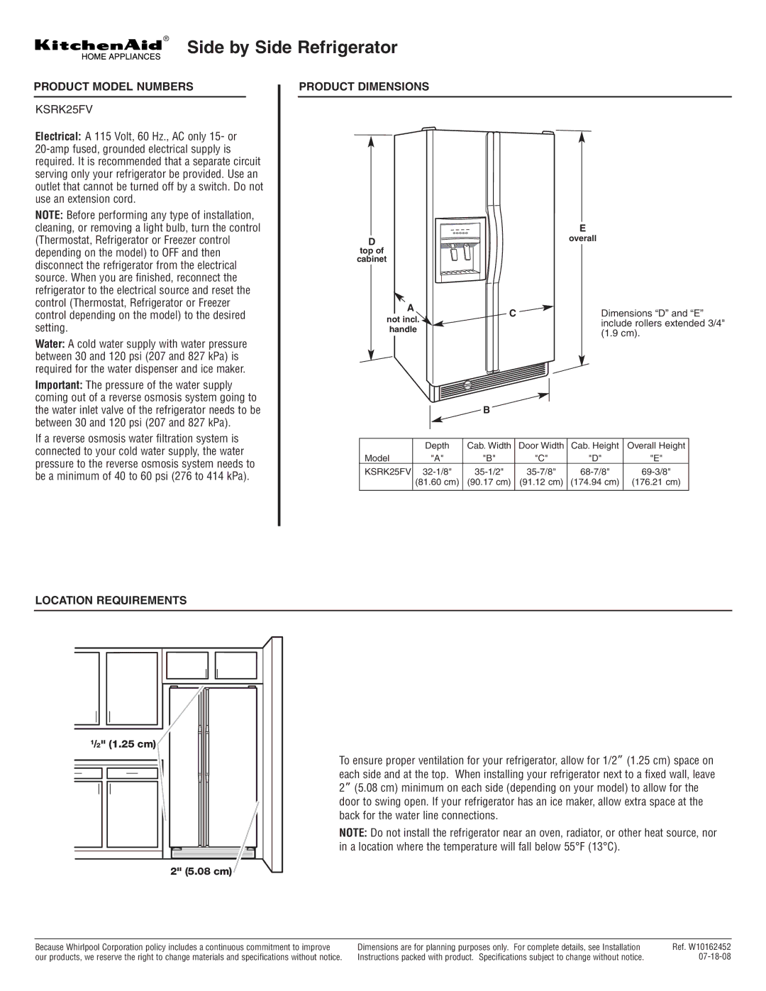 KitchenAid KSRK25FV dimensions Side by Side Refrigerator, Product Model Numbers, Product Dimensions, Location Requirements 