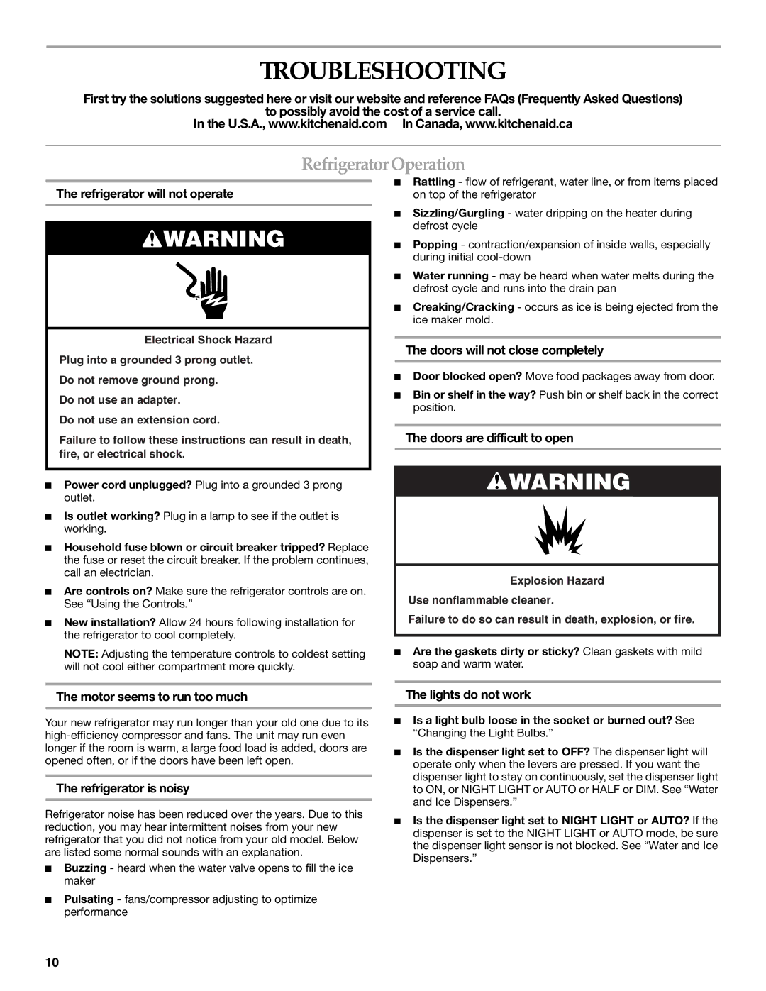 KitchenAid KSRK25FVBL installation instructions Troubleshooting, Refrigerator Operation 