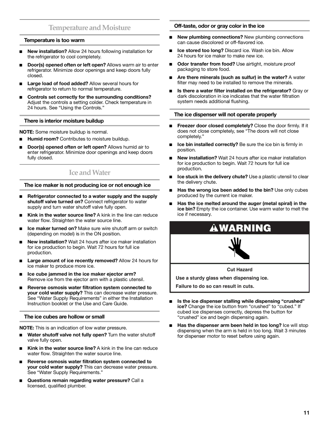 KitchenAid KSRK25FVBL installation instructions Temperature and Moisture, Ice and Water 