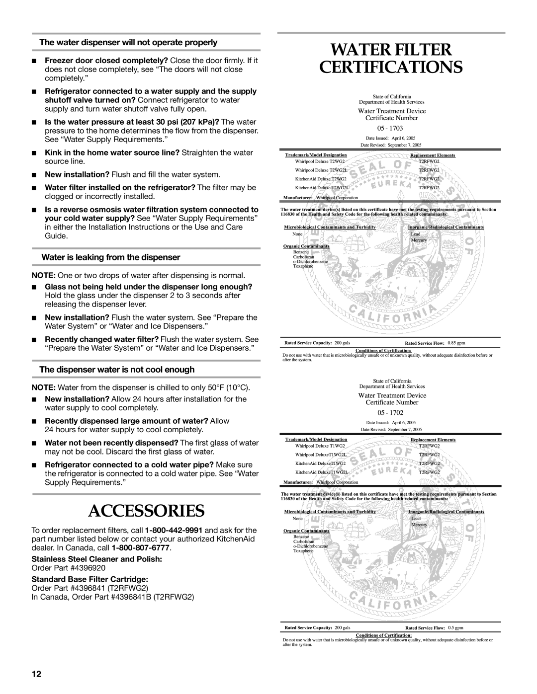 KitchenAid KSRK25FVBL Accessories, Water Filter Certifications, Water dispenser will not operate properly 