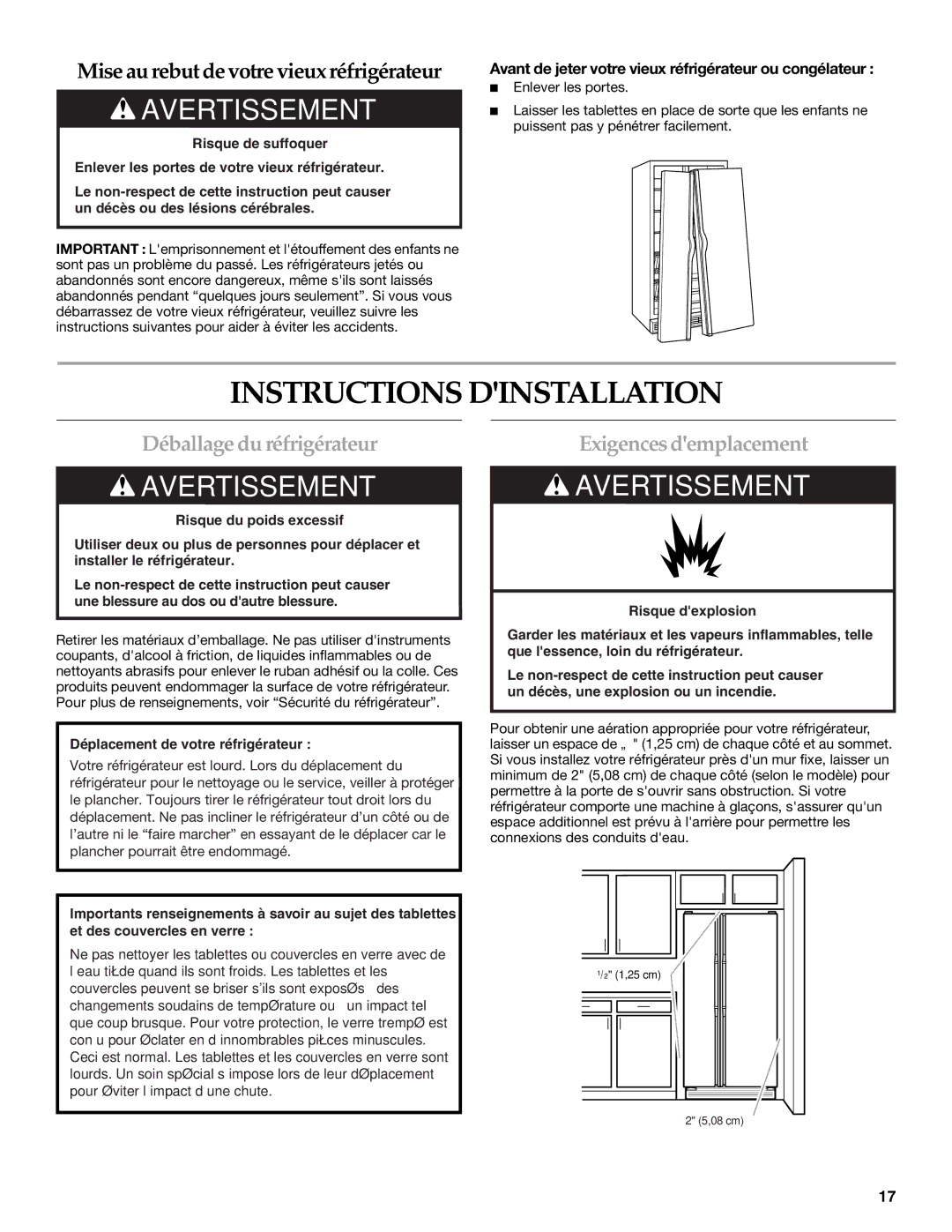 KitchenAid KSRK25FVBL Instructions Dinstallation, Déballage du réfrigérateur, Exigences demplacement 