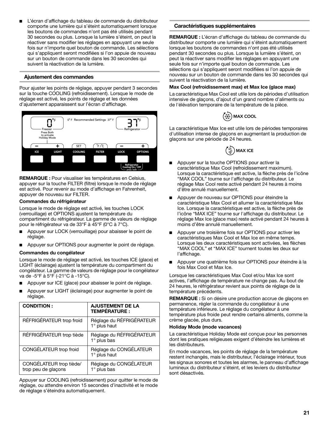 KitchenAid KSRK25FVBL installation instructions Ajustement des commandes, Caractéristiques supplémentaires 