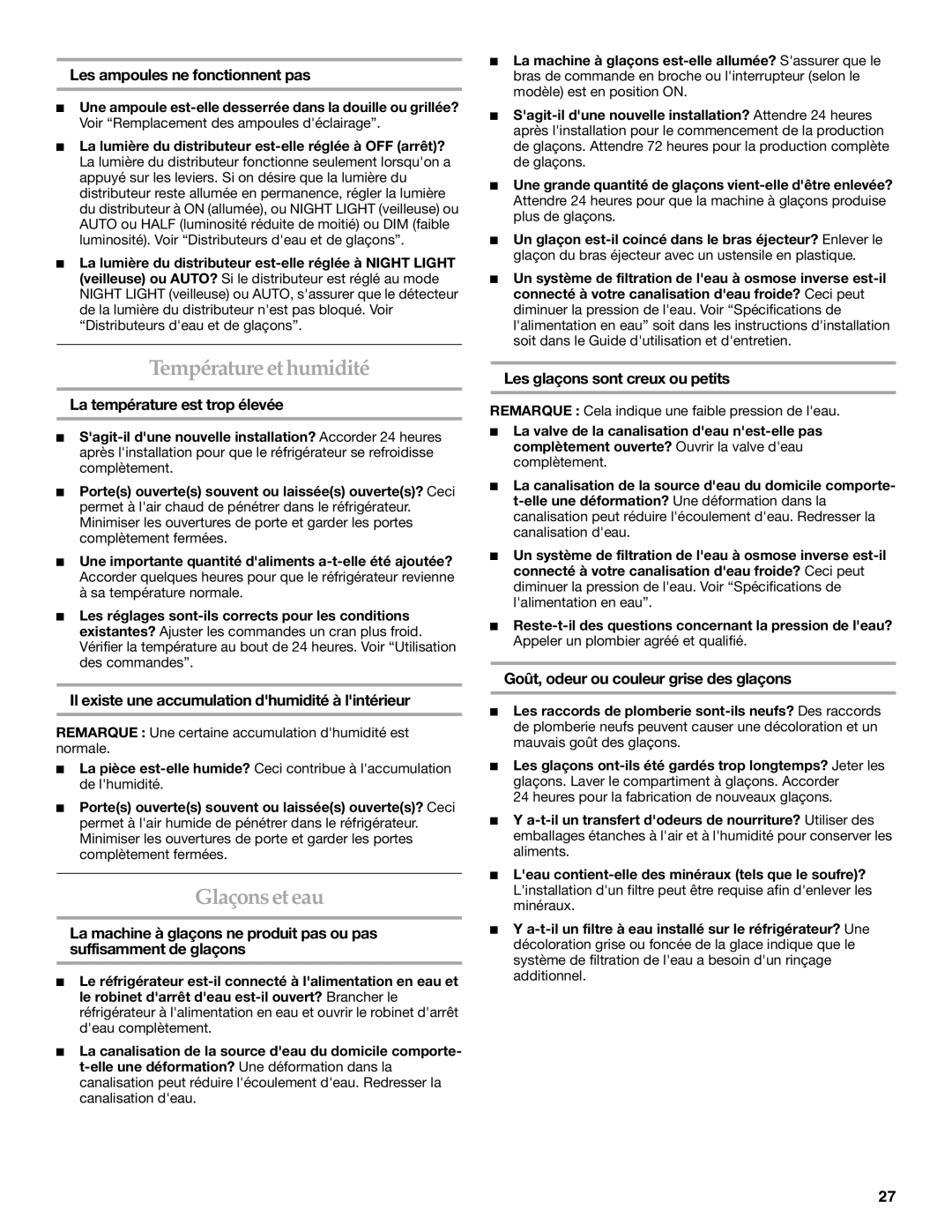 KitchenAid KSRK25FVBL installation instructions Température et humidité, Glaçons et eau 