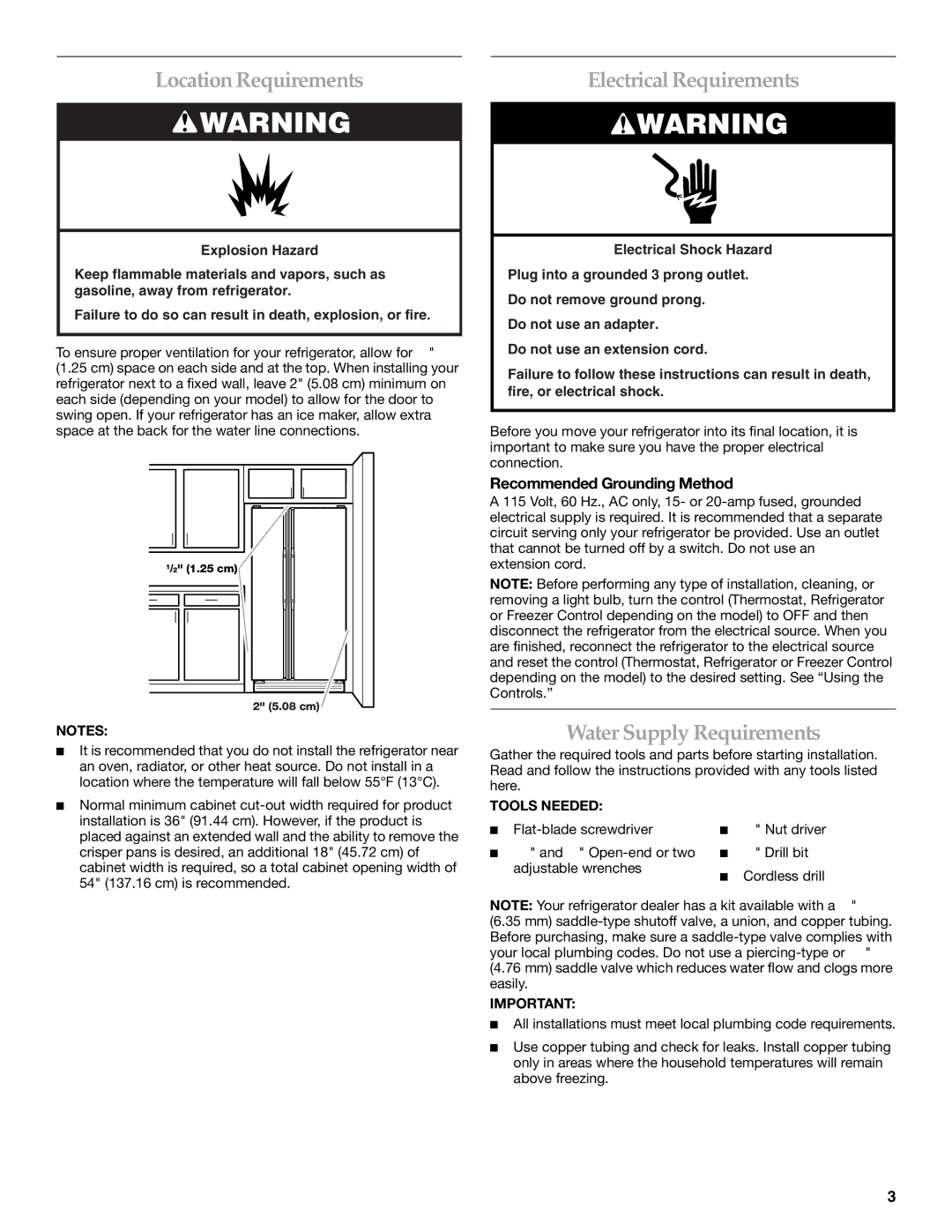 KitchenAid KSRK25FVBL installation instructions Location Requirements, Electrical Requirements, Water Supply Requirements 