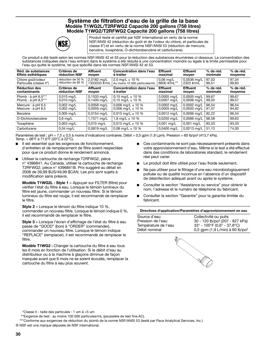 KitchenAid KSRK25FVBL installation instructions Système de filtration deau de la grille de la base 