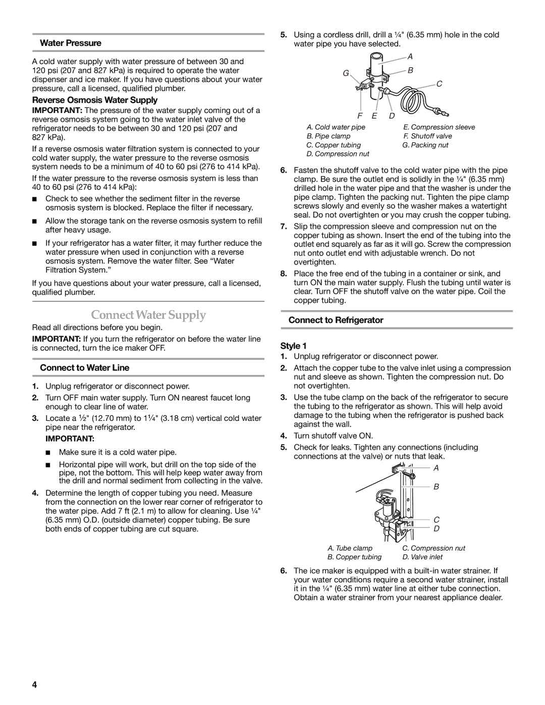 KitchenAid KSRK25FVBL Connect Water Supply, Water Pressure, Reverse Osmosis Water Supply, Connect to Water Line 