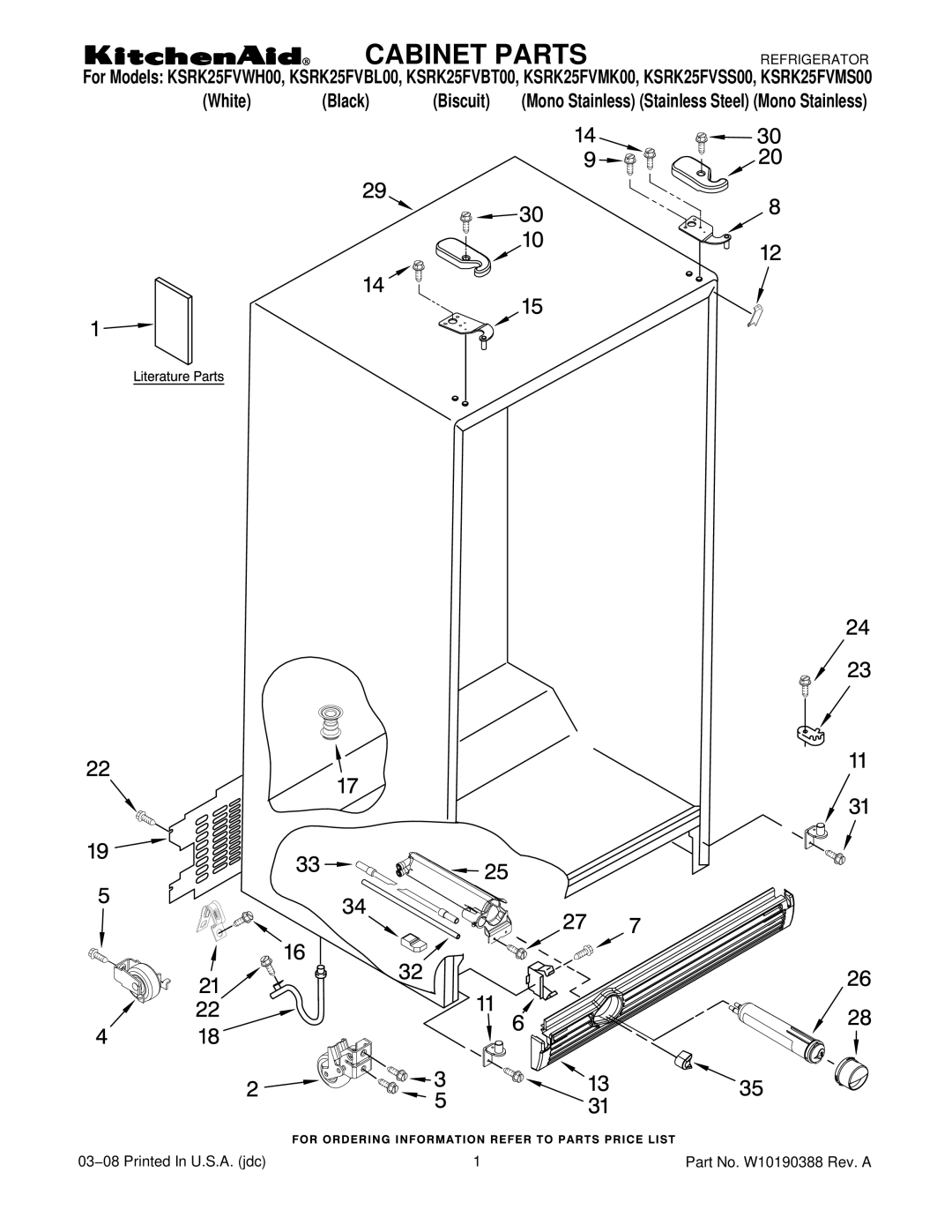 KitchenAid KSRK25FVMK00, KSRK25FVSS00, KSRK25FVMS00, KSRK25FVBT00, KSRK25FVBL00, KSRK25FVWH00 manual Cabinet Parts 