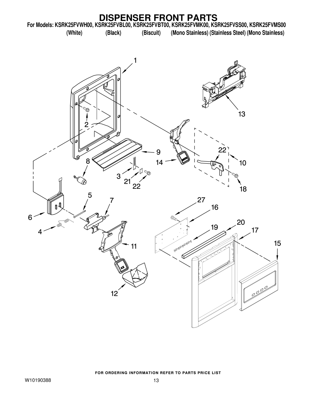 KitchenAid KSRK25FVMK00, KSRK25FVSS00, KSRK25FVMS00, KSRK25FVBT00, KSRK25FVBL00, KSRK25FVWH00 manual Dispenser Front Parts 