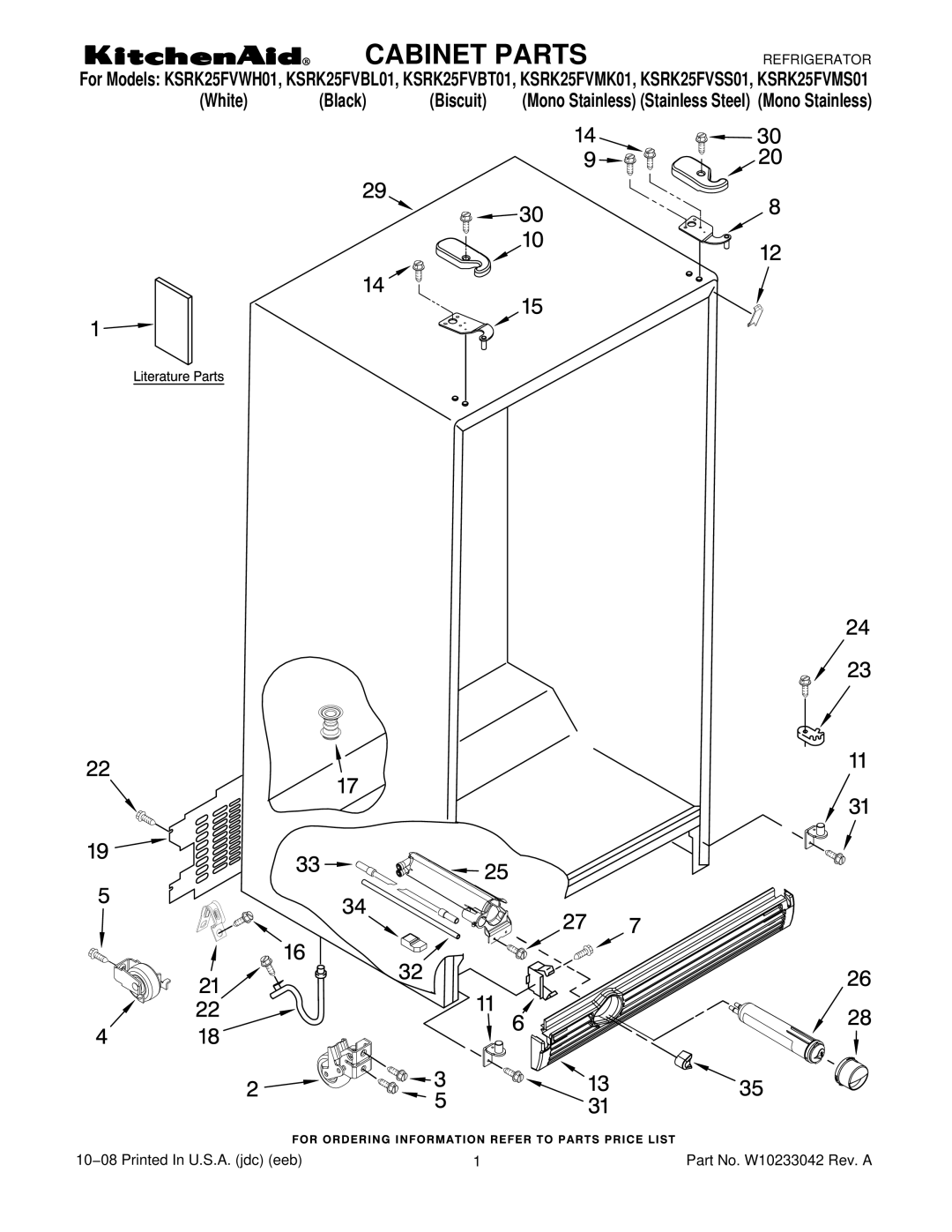 KitchenAid KSRK25FVBL01, KSRK25FVSS01, KSRK25FVMS01, KSRK25FVMK01, KSRK25FVBT01, KSRK25FVWH01 manual Cabinet Parts 