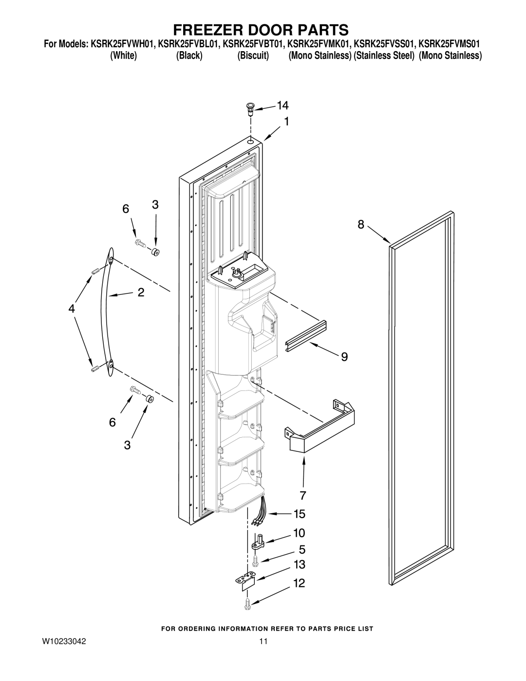 KitchenAid KSRK25FVWH01, KSRK25FVSS01, KSRK25FVBL01, KSRK25FVMS01, KSRK25FVMK01, KSRK25FVBT01 manual Freezer Door Parts 