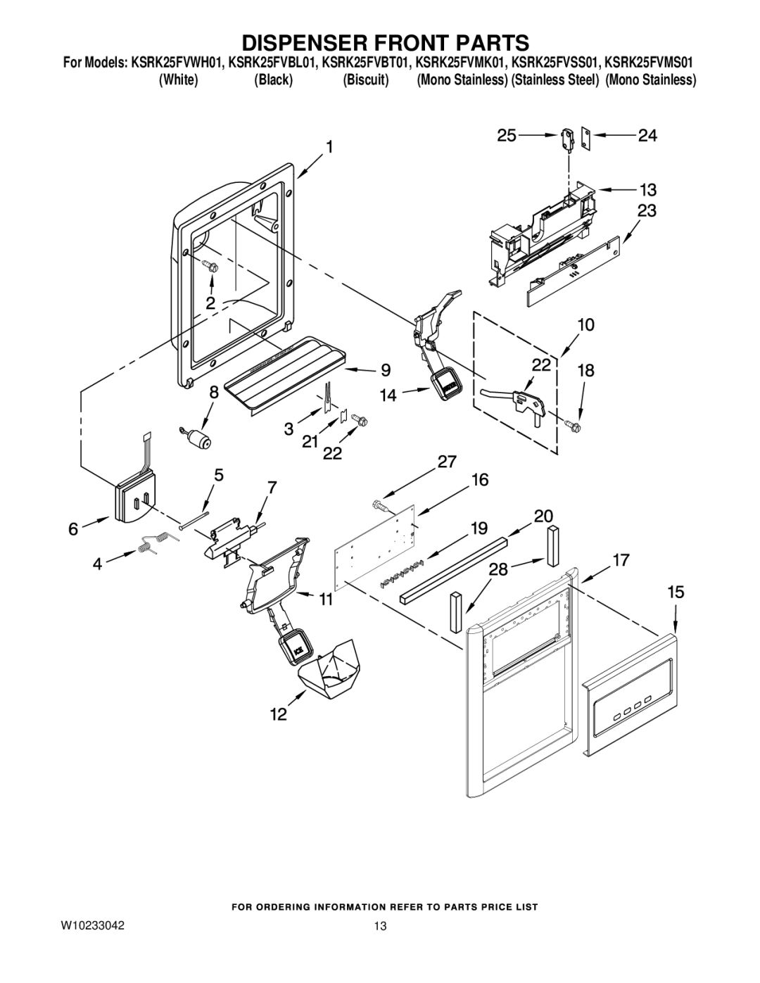 KitchenAid KSRK25FVBL01, KSRK25FVSS01, KSRK25FVMS01, KSRK25FVMK01, KSRK25FVBT01, KSRK25FVWH01 manual Dispenser Front Parts 